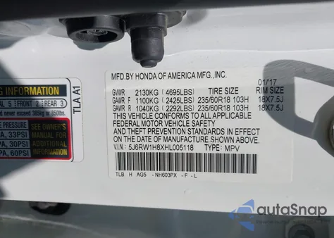 2017 Honda Cr-V Ex-L/Ex-L Navi из США, поврежденный, VIN 5J6RW1H8XHL005118